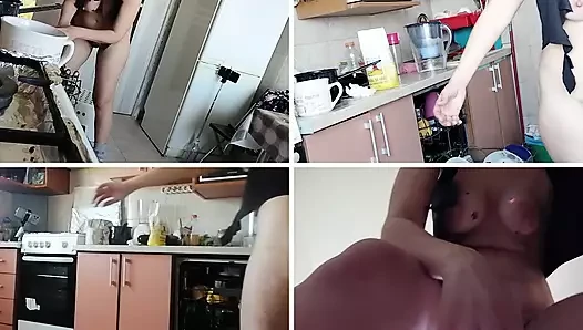 Seksi kadın kahvaltıyı çıplak hazırlıyor