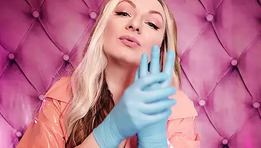 Asmr: mavi nitril eldiven fetiş - sıcak sondaj - pembe pvc ceketli milf (arya grander)