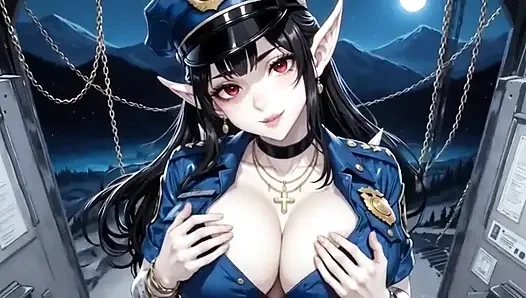 Anime sevimli polis memuru göğüslerini gösteriyor, ai animasyon