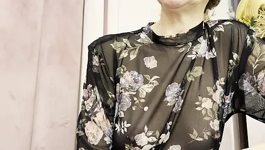 Trying my new sheer blouse in a caffe, showing my hard pierced nipples in public.