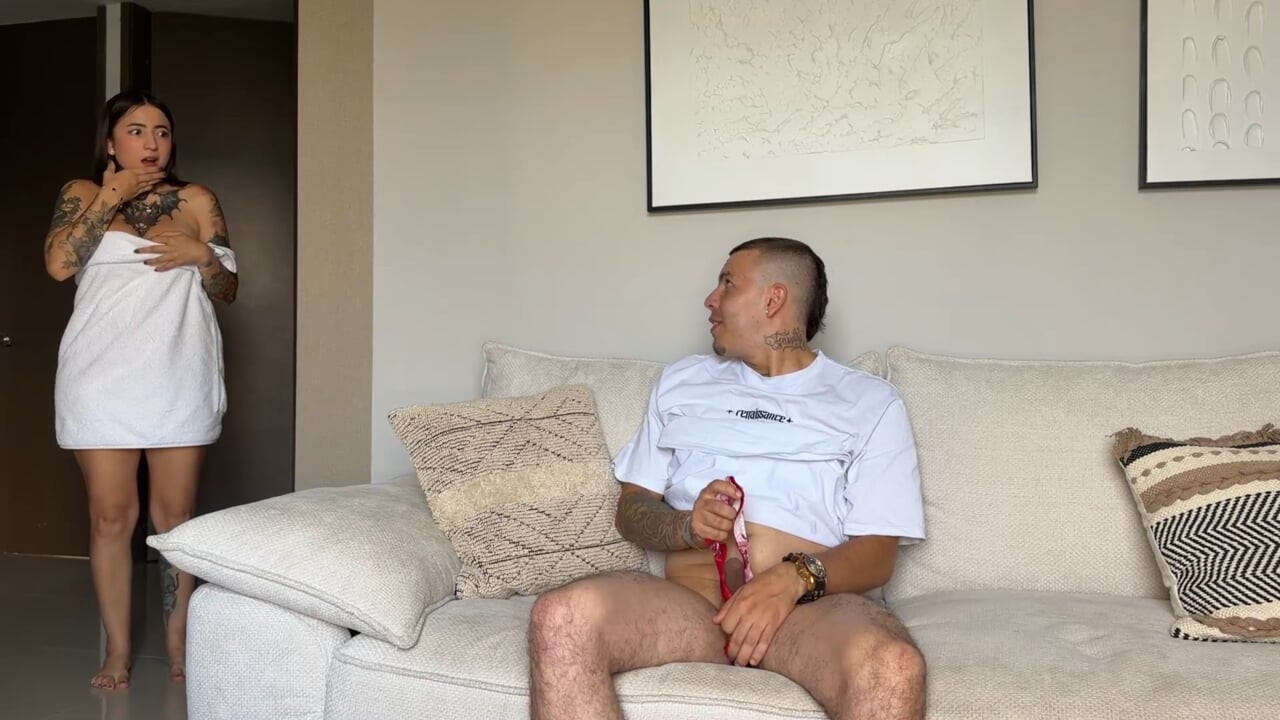 I catch my stepbrother masturbating in my panties and he ends up squirting me