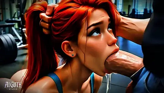 Terli kızıl saçlı sürtük: sert spor salonunda seks ve gırtlağına kadar alma egzersizi (4k ai)