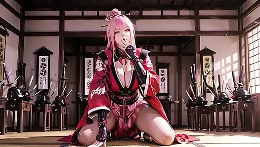 Pembe saçlı savaşçı tatami'nin üzerinde diz çöküyor, yüksek yarıklı kimono, kar yağışlı kalçalarını ortaya çıkarmak için kayıyor.