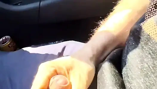 Almost caught! He jerks off in traffic in front of me, I love watching. Big cumshot! Part 1