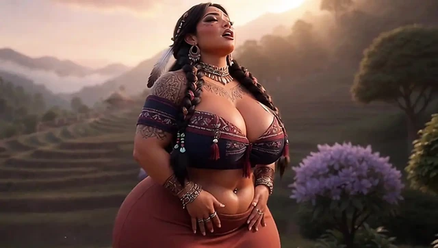 Tombul yerli kabile iri güzel kadın sunset köyünde soyunuyor ve büyük göğüslerini gösteriyor