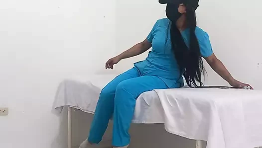 My nurse massages her pussy and moans with pleasure in her office