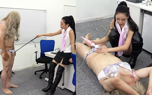 Kadın patron çalışanını travesti yapıyor, elektrikli vibratörle sikini uyarıyor ve onu azdırıyor ve inkar ediyor