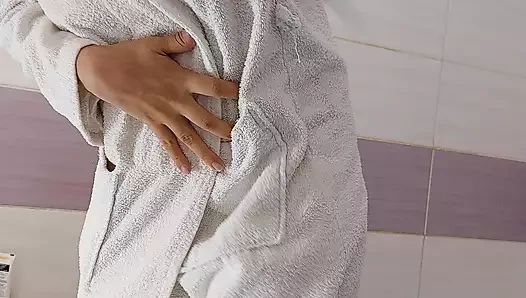 Sexy brunette shaves her legs. Amateur wife hairy pussy, big tits.