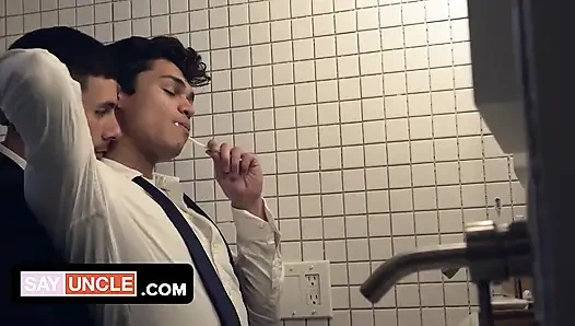 Horny boy elder Argos surprises innocent teen for a sensual pounding in the bathroom