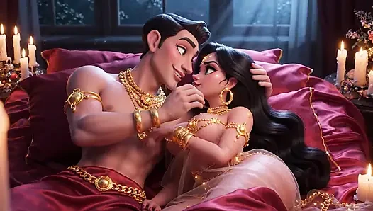 Lüks çizgi film aşıkları samimi yatak odası romantizm derlemesi - altın süsler şehvetli animasyonlu tutku