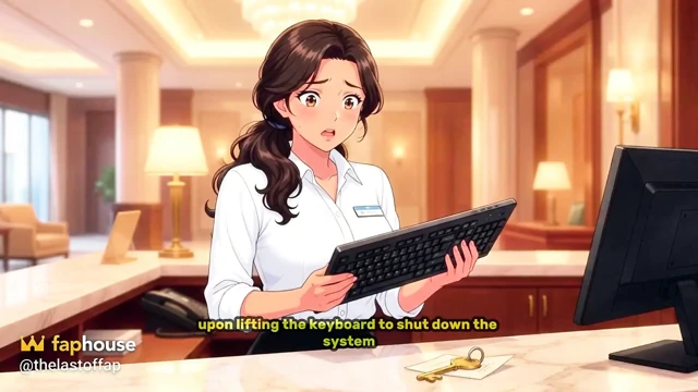 Aldatan çekici çekici resepsiyonist, sansürsüz hentai misafiri için kapıyı aralık bırakıyor