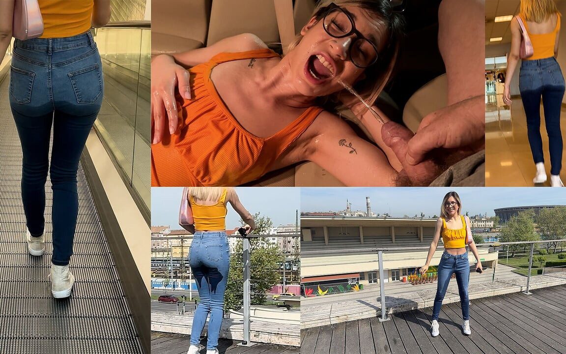 Wetting Jeans in Shopping Mall Pissing and Mouth Piss