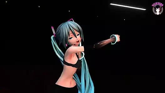 Hatsune Miku seksi siyah dar kıyafetlerle dans ediyor (3 boyutlu hentai)