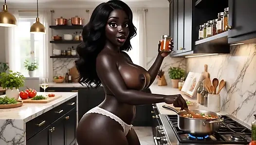 Çarpıcı tombul zenci olgun orta yaşlı seksi kadın sadece minik beyaz külot giyerek lüks modern evini şehvetli bir şekilde temizliyor