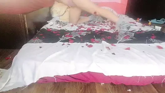 Sensual massage of a hot couple with oil on the body. Foreplay in the bedroom with an amateur couple.