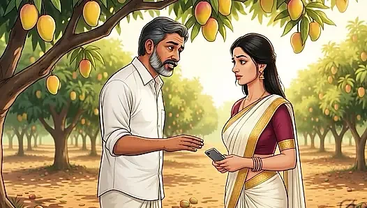 Mango hasat sahibi çiftliğinde taze meyve suyu alıyor