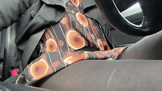 Elegant stepmom drives to the office wearing tights and a beautiful dress