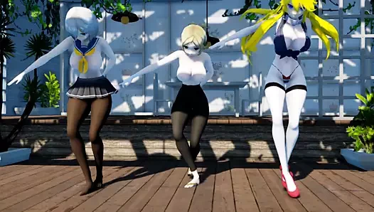 Üç sevimli seksi ateşli orta yaşlı seksi kadın büyük göğüslerini sallıyor ve sıkı götlerini sergiliyor