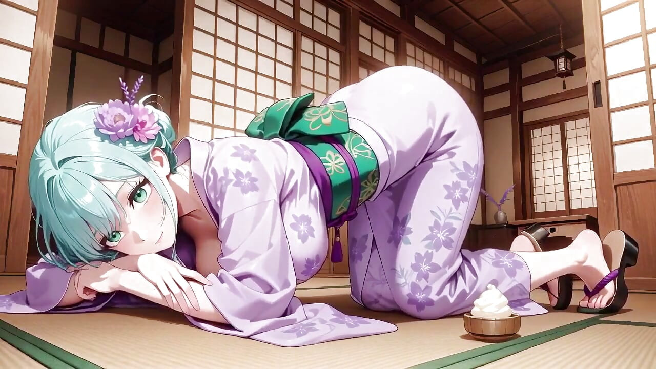 Yeşil saçlı kimono kızının özel sabahı! Mor yukata hafif nemli, Japon odasında yatakta diz çöküp yatıyor