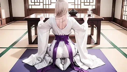 Beyaz Kimono hizmetçi! Japon koridorunda diz çöküyor, güneşin altında ıslak kalçaları ortaya çıkaran büyük yarık.