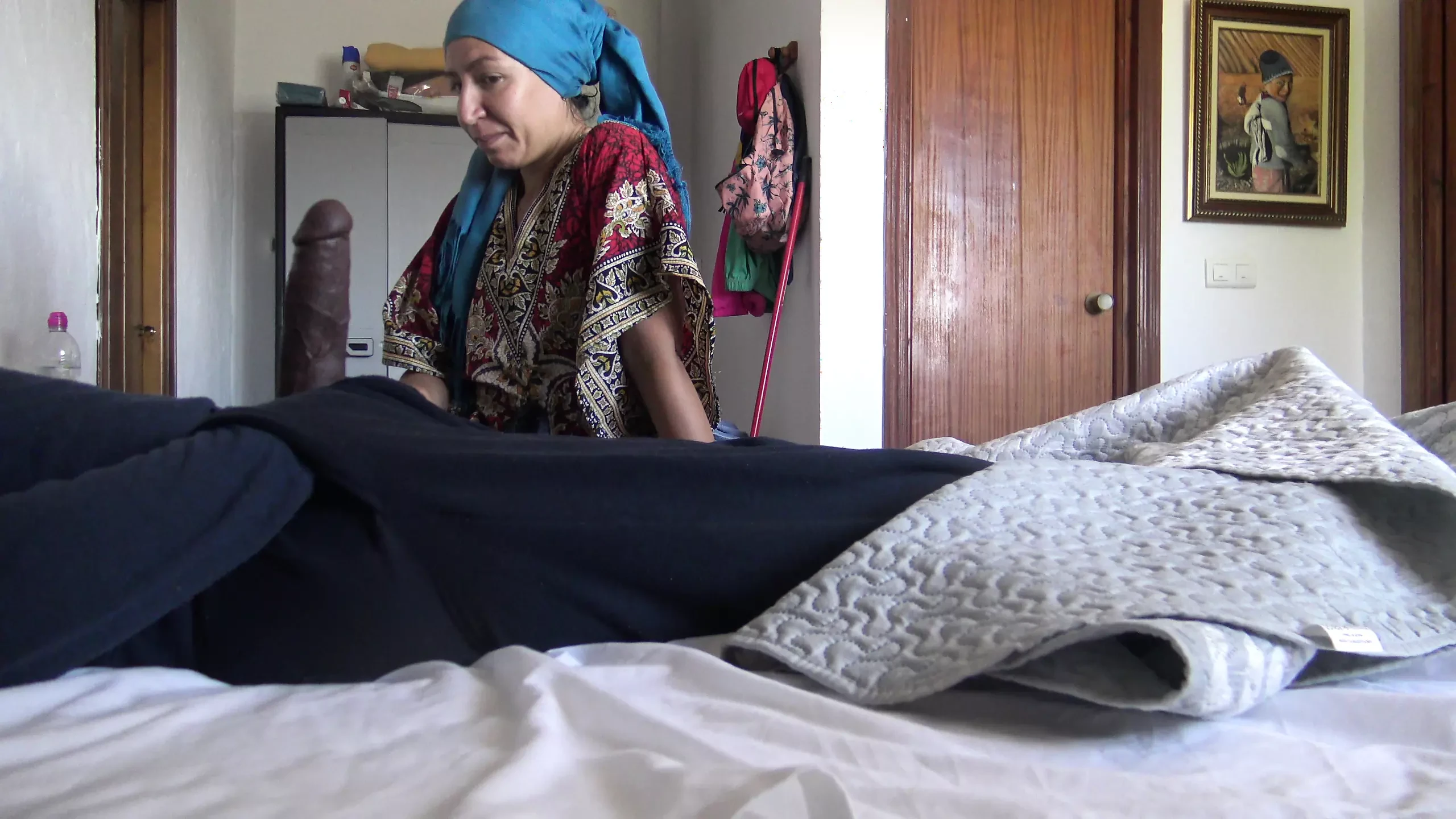 This Turkish granny is SHOCKED !!! I take out my big cock in front of her.