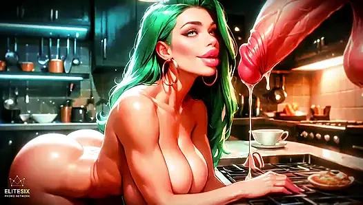 Sürtük yeşil saçlı büyük memeli göt büyük yarak rüya mutfakta azdırıyor (100% yapay zeka oluşturuldu)
