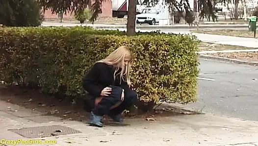 Güzellik çalıların arkasında sokakta işiyor