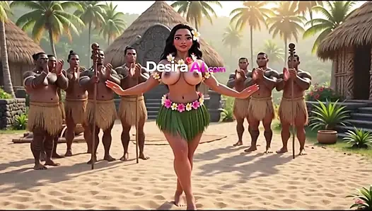 Exotische hula-schönheit auf allen vieren, stammesmänner beobachten ihre kurven (AI Generated)