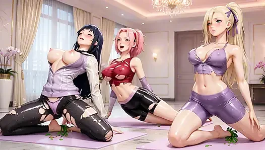 Naruto kızları yoga sınıfı çıldırdı sakura, hinata ino büyük göğüslerini azdırıyor