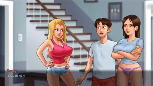 Two Horny Sluts Playing With Each Other's Big Juicy Boobs, Pervert Watch Huge Breast - Summertime Saga 3D Porn Game