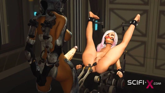Seksi bir kelepçeli sarışın bilim kurgu laboratuarında seks cyborg dickgirl tarafından becerdin alır