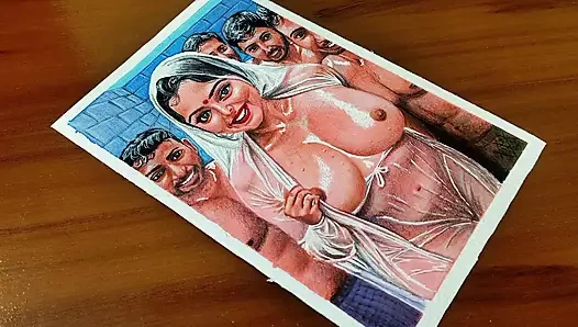 Seksi Hintli kadının dört adamla ıslanıyor erotik sanatı veya çizimi