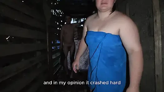 Soapy naked bodies in a rural shower
