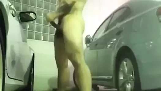 Asian gay jerk off in a parkinglot