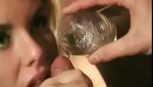 İçki sarışın alır onu kedi yaladı üzerinde bar