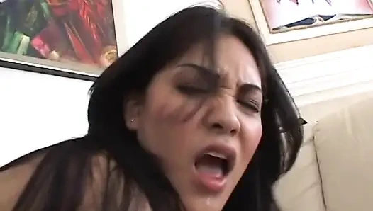 Latina with a hairy cunt gets into hardcore threesome action