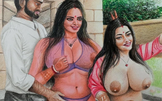 Kocası ve kız arkadaşıyla balayında seksi desi Hintli bir kadının erotik sanatı veya çizimi