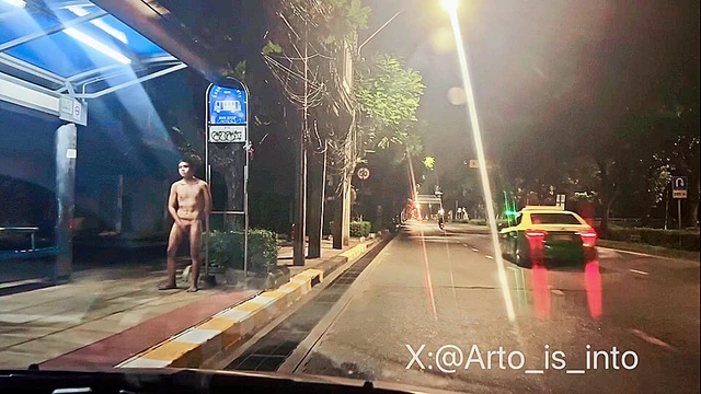 Naked at the bus stop in Bangkok, fucking exposed, jerking off for everyone to see. Master's orders filming me for public shame.