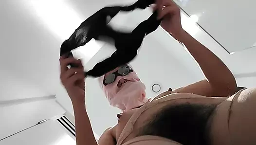 Horny mom undresses and masturbates with moans. Naughty sexy milf tries on naked clothes.