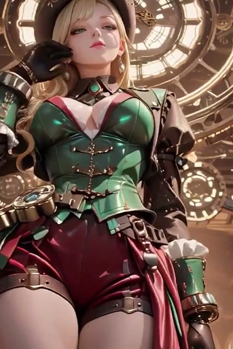 Steampunk sarışın sekreter! Dev dişlilerin ortasında tembel pozlar