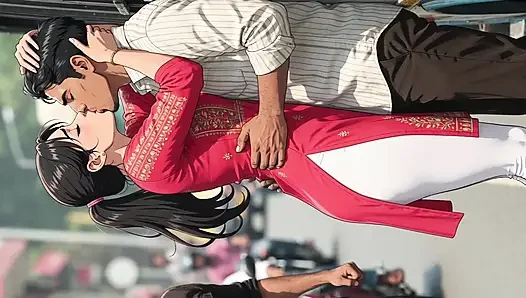 İri göğüslü tombul Hintli güzel kadın kalabalık otobüste istekli erkekler tarafından kaldırılıyor ve taşınıyor - çizgi film ai videosu