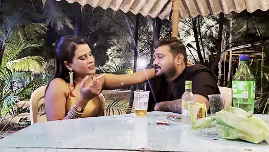 The guy is walking the girl around the garden and asking her to fuck him