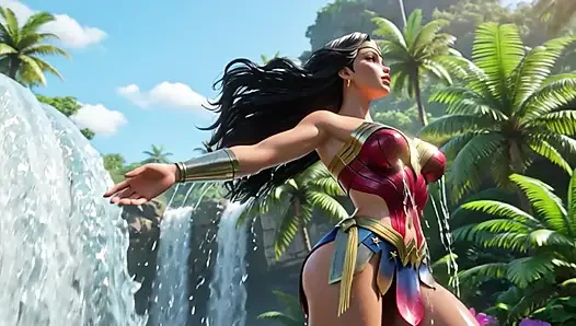Harika kadın Crystal Lagoon ve güçlü şelale ile Themyscira Cennet Adası'nda çıplak rahatlıyor