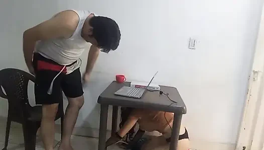 Colombian stepbrother studies on laptop while Venezuelan stepsister sucks his cock, scoops out his milk and swallows it