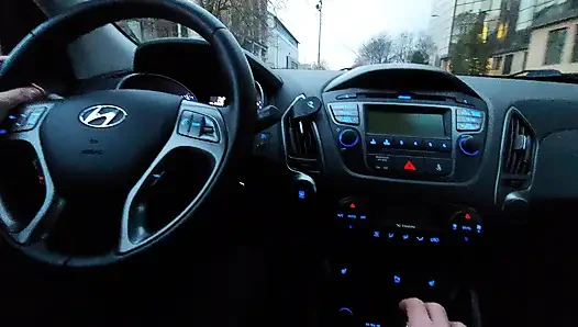 Amateur MILF gives a handjob to a taxi driver and teases him in the car, in public