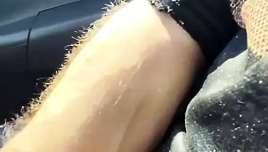 Almost caught! He jerks off in traffic in front of me, I love watching. Big cumshot! Part 1