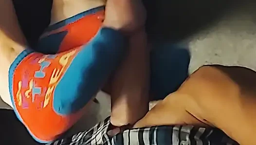 Hot Little Footjob - Pink & Blue Ankle Socks Sockjob - Cum On Socks