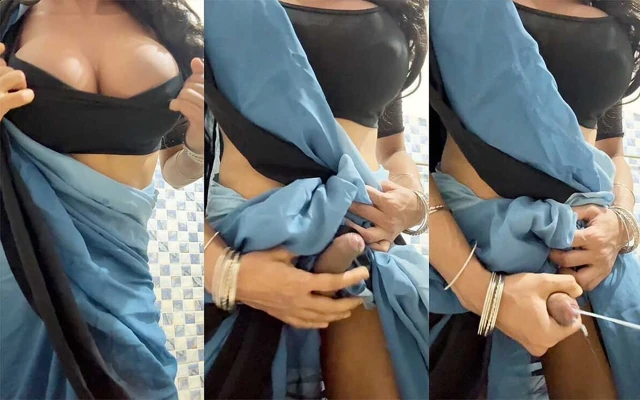 Travesti sari içinde mastürbasyon yapıyor