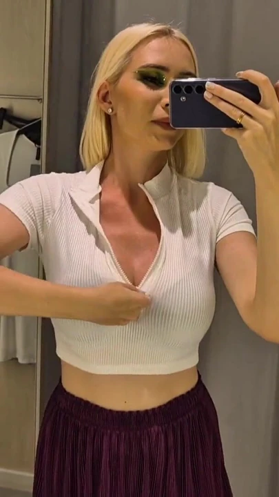 Key moment from "Trying on completely transparent clothes in the fitting room. Look at my boobs in a public place."