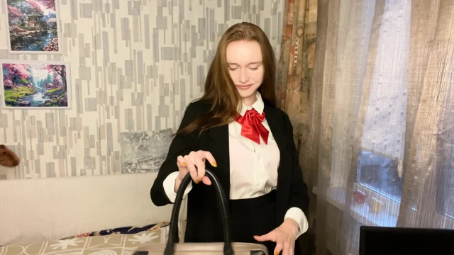 School girl can't concentrate and pushes her kitty to be pleased